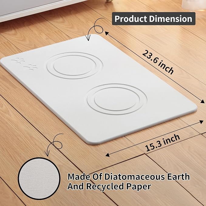 Diatomite Stone Pet Feeding Mat for Dog Cat Super Absorbent Diatomite Quick Drying Stone Dog Food Mat, Dog Mats for Food and Water with Non-Slip Station, Fast Dry Pet Mats,Grey White