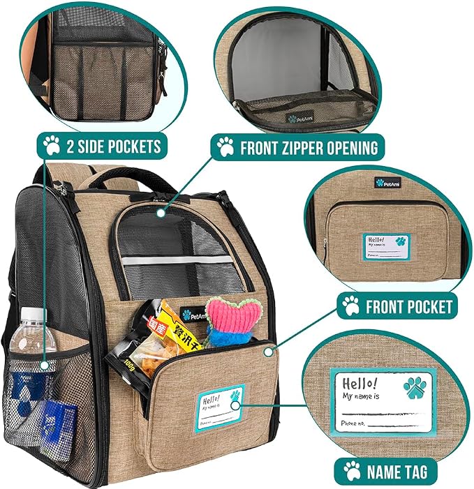 PetAmi Dog Backpack Carrier for Small Medium Dogs Large Cats up to 18 lbs, 2 Side Entry, Structured No-Collapse Frame, Airline Approved Ventilated Pet Backpack for Hiking Camping Travel Vet, Taupe