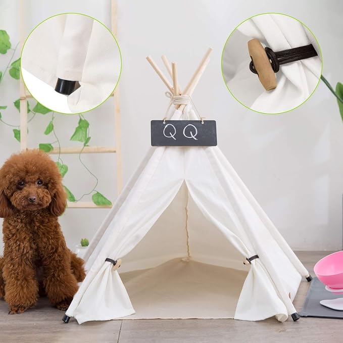 Dog Teepee Bed Cat Tent Portable Houses Pet Puppy with Thick Cushion (M:Size fits 9kg/20lbs (Pets)) | (White, M:Size fits 9kg/20lbs (Pets))