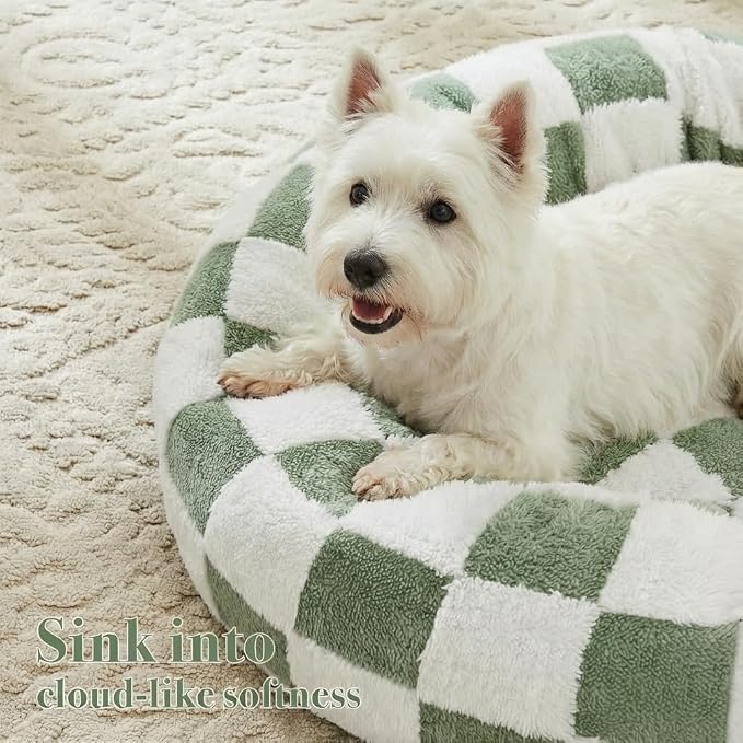 Ohocut Checkered Dog Bed, Cute Sage Green Retro Style Aesthetic Round Warming Pet Calming Beds for Small Dog and Cats, Plush Cozy Donut Washable, 30" L x 30" W x 8" Th