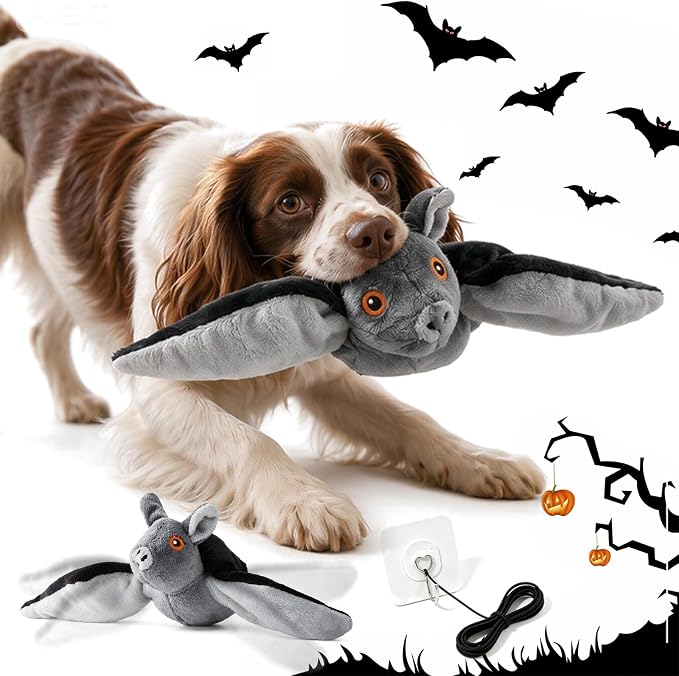 Flying Bat Dog Toy, Flapping Bat Dog Toy with Chirping Sounds, Interactive Rechargeable Flap Bat Toy for Dogs Cats, Hanging & Wand Play, 3PCS