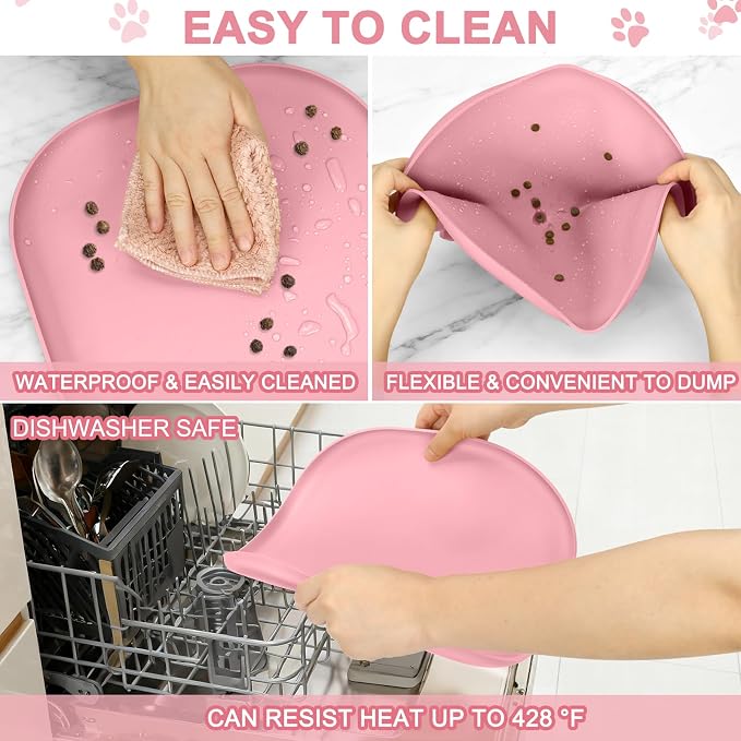SMILOOL Waterproof Silicone Pet Food Mat with Raised Edge for Dog & Cat | 12" x 12" Non-Slip Small Pet Feeding Mats with Lip for Food & Water Bowl, Food Grade, Easy Cleaning, Sakura Pink