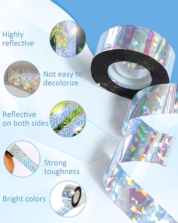 2×502 Ft Bird Scare Tape Ribbon, Double Sided Holographic Flash Reflective Bird Tape, Deterrent Visual Audible Bird Repellent Devices for Outdoor, Garden, Balcony (Regular)