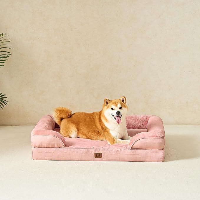 EHEYCIGA Orthopedic Dog Beds for Large Dogs, Waterproof Memory Foam Large Dog Bed with Sides, Non-Slip Bottom and Egg-Crate Foam Pet Couch Bed with Washable Removable Cover, Dusty Pink，35x22