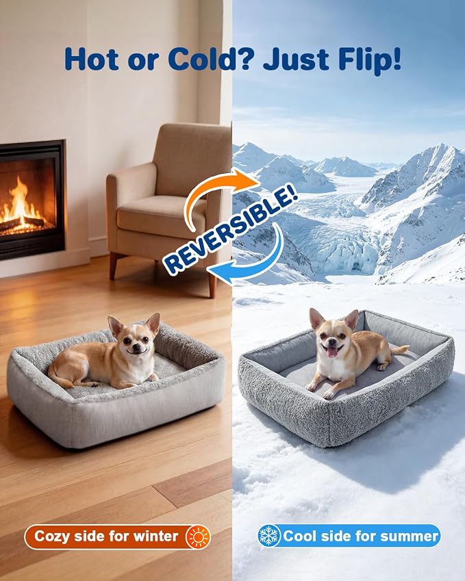 Cooling Dog Bed for Small Medium Dogs - Reversible Design (Ice‑Silk Cooling Layer | Sherpa Fleece Layer), Washable Dog Cooling Mat for Crates, Beds, Sofas 20" × 14"