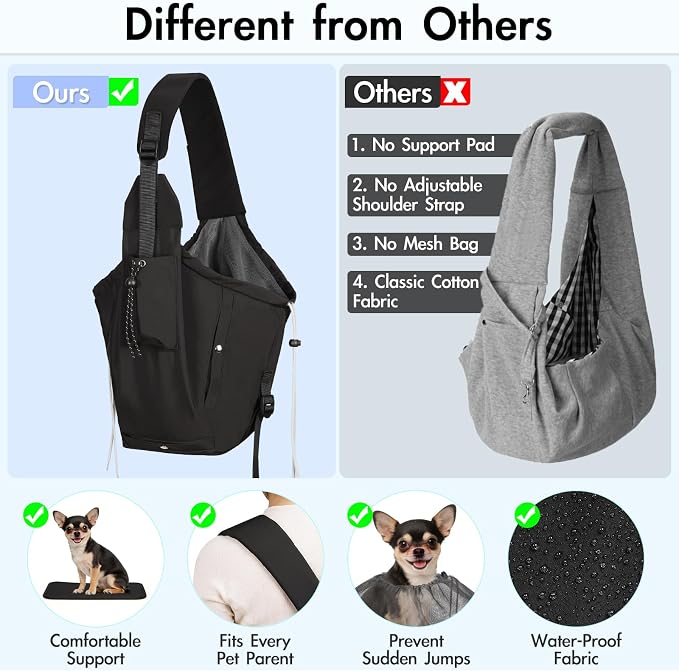 Dog Carrier Sling, Puppy Carrier Sling 20 lbs, Black | Dog Carriers for Small Dogs & Cats With Pockets, Machine Washable, Adjustable Shoulder Strap, Hands Free for Outdoor Use