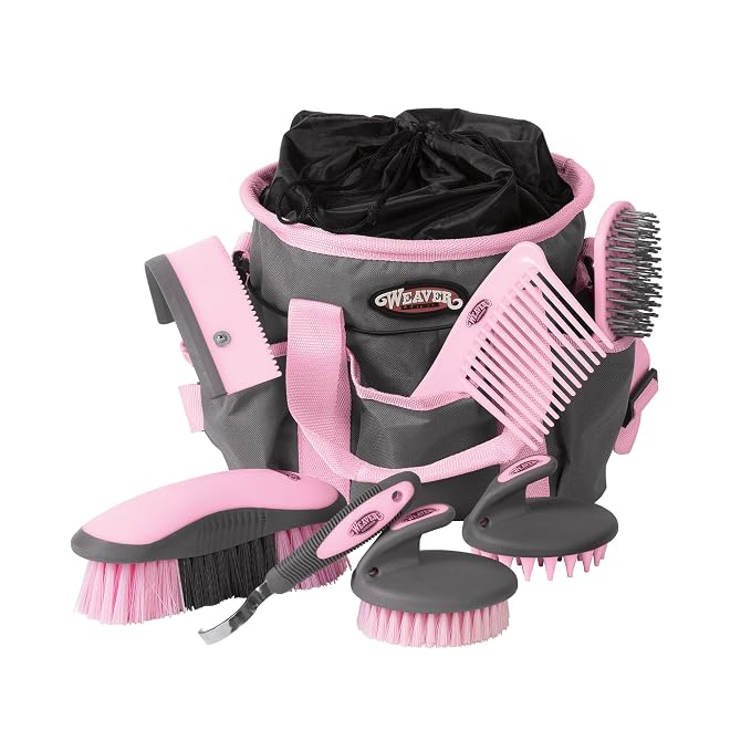 Weaver Equine Horse Grooming Kit, 7-Piece Horse Brush Set with Organizer Tote Bag, Hoof Pick, Comb, Sweat Scraper, Equine Tools for Daily Grooming, Gray/Pink