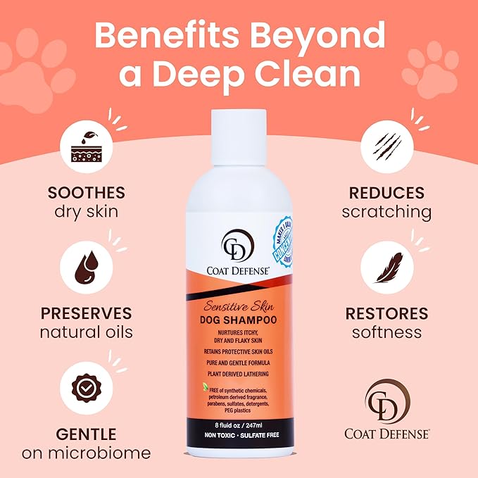 COAT DEFENSE Sensitive Skin Dog Shampoo | Made in USA | Hypoallergenic Dog Shampoo for Allergies, Itching & Odor | Gentle Shampoo for Dogs | 8 oz Concentrate to 32 oz