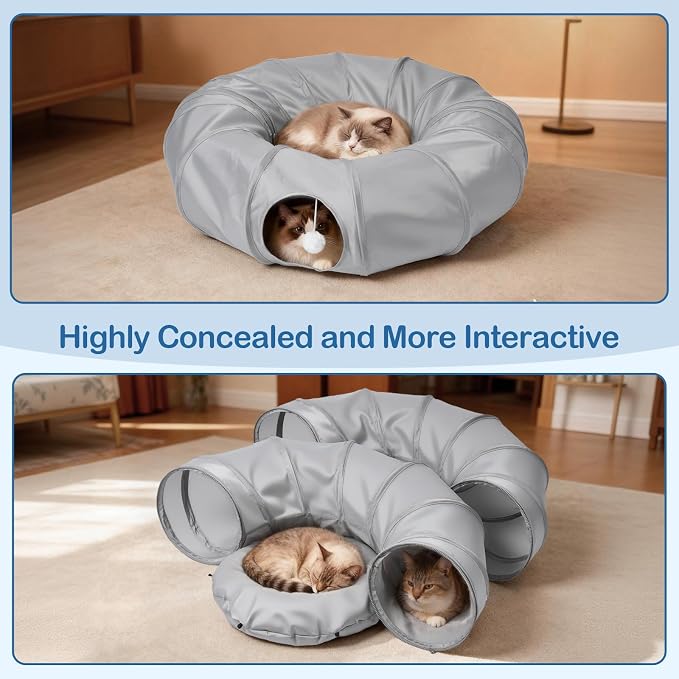Cat Tunnel Bed with 2Pcs Interactive Toys, 3-in-1 DIY Collapsible Plush Cat Tube with Washable Mat, Large Indoor Play Tunnel Cave for Kittens and Small Animals