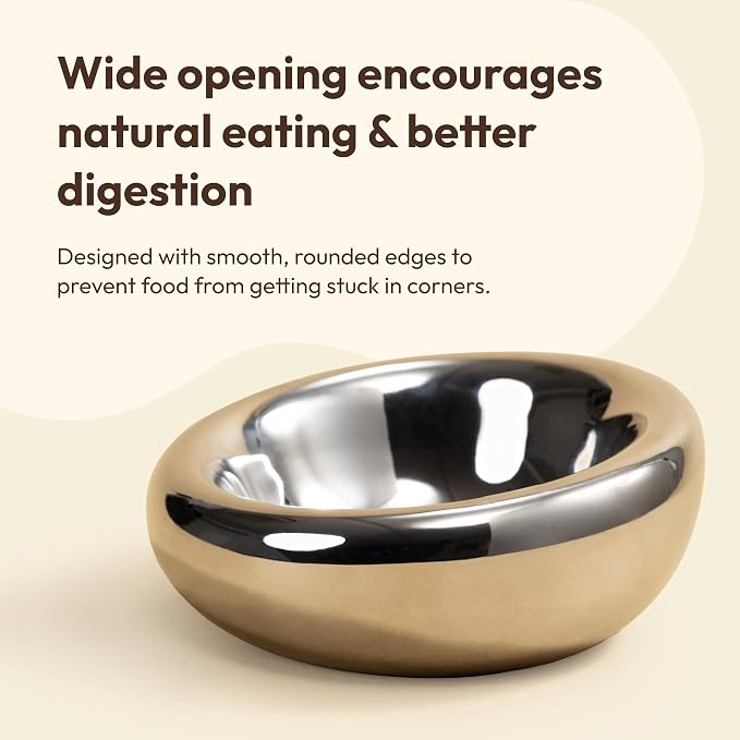 Pebble Pet Bowl Deep Chrome, Ergonomic Dog Cat Feeding Bowl, Flat-Faced Breed, Tilted Ceramic Pet Food Dish, Scooper Eater, Anti-Spill Design, Dishwasher Safe, Modern Pet Bowl, Dry & Wet Diet