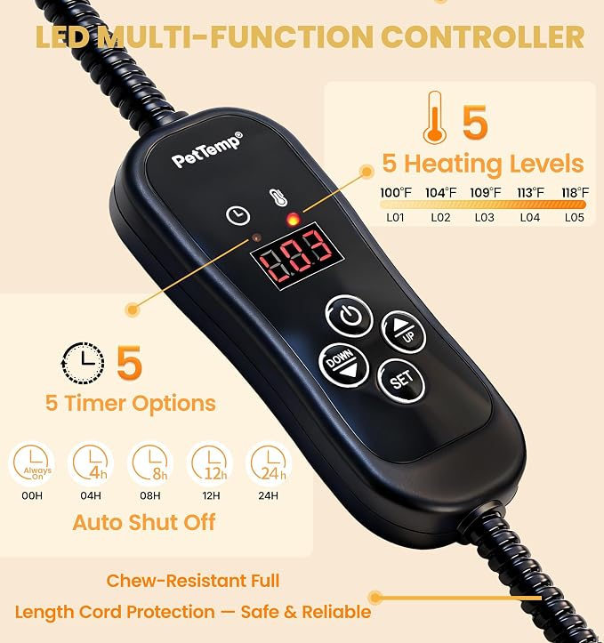 Pet Heating Pad for Cats Dogs, Heated Cat Dog Bed with 5 Temperature Levels, Timer, Auto Shut-Off, Thick Paw-Print Cover, Chew Resistant Cord for Indoor & Sheltered Outdoor Use (M: 20" x 16" x 1.3")