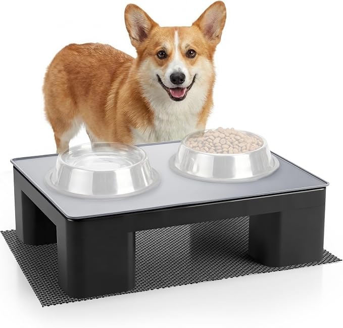 Elevated Dog Bowl Stand with Waterproof Dog Food Mat, Non-Slip, 1 Pc, Black | Reduce Neck & Joint Strain, Easy to Clean Silicone Pet Feeding Mat, Sturdy Legs, Ideal for Small & Medium Dogs and Cats