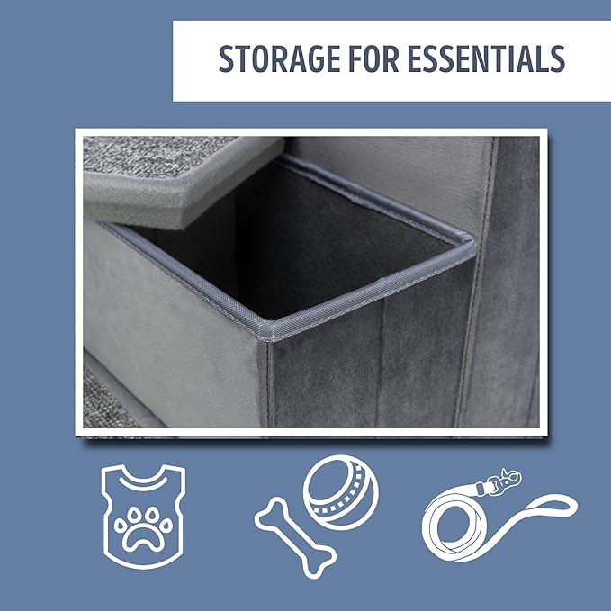 TRIXIE 4-Step Velour Pet Stairs, Gray | Collapsible, Storage Compartments for Pet Toys, Ideal for Dogs and Cats