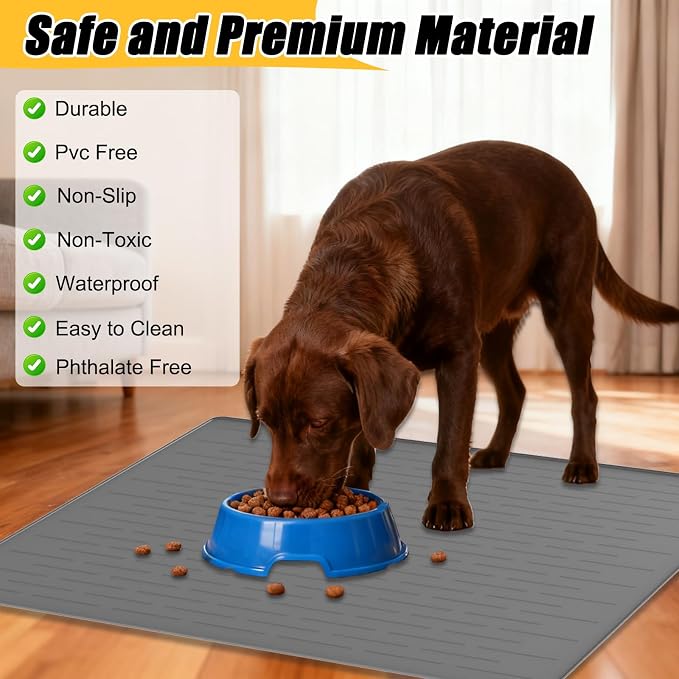 Large Dog Mat for Food and Water, 31.8"x23.8" Silicone Pet Feeding Mats, Waterproof Dog Bowl Mat with High Edges to Prevent Water and Food Spills, Dark Blue
