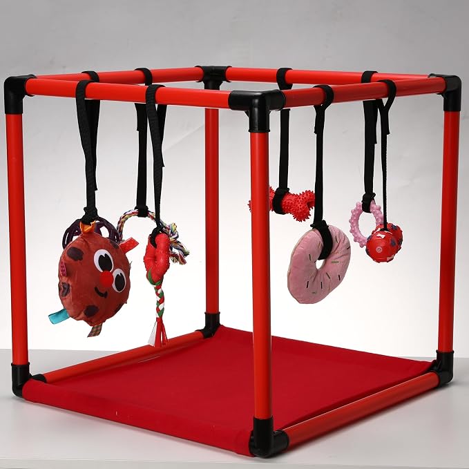 Race&Herd 19.5" Puppy Play Gym — Small Dog Jungle Activity Mat (Cherry) | Dog Play Mat with 8 Bungee Straps, Interactive Puppy Active Toys — Indoor Enrichment Playground Set
