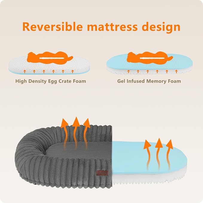 Orthopedic Waterproof Medium Dog Bed Sofa, Gel Memory Foam, 36" | Reversible Egg-Crate Foam Cushion Dog Sofa, Washable Corduroy Fleece Pet Bed, Removable Cover & Non-Slip Bottom, Medium Grey