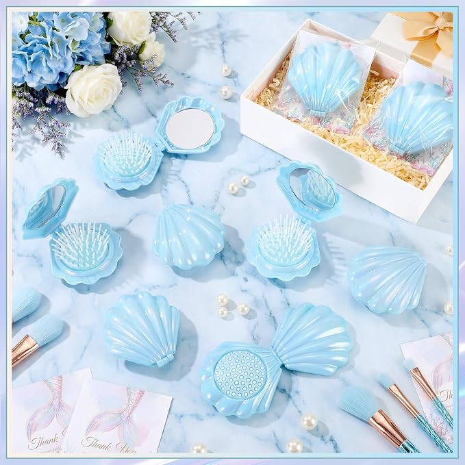 LemonRoad 24 Sets Mermaid Party Favors Shell Hair Brush with Mirror Card, Foldable Mini Travel Compact Hair Brush for Women Birthday, Bachelorette, Under The Sea, Beach Party Gifts(Blue)