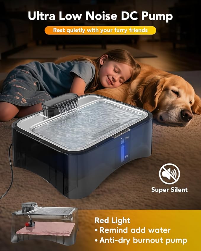 UPSKY 8.5L Elevated Dog Water Fountain with 4 Heights Adjustable, Black | Larger Dog Water Dispenser, 304 Stainless Steel Tray, 5-Layer Filtration, Anti-skid, for Senior/Large Dogs & Multi-pet Homes