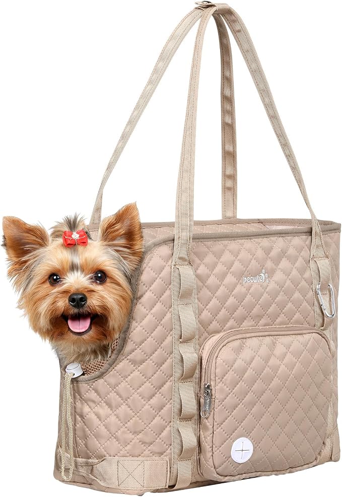 Pecute Dog Purse Carrier, Dog Carrier with Pockets for Small Dogs, Fits Dogs 5 lbs to 9 lbs, Cat and Puppies Tote Bag, Outing, Travel, Vet, Khaki | Breathable,Foldable,Large Pocket,Built-in safety Rope,Machine washable,Under 9 Lbs