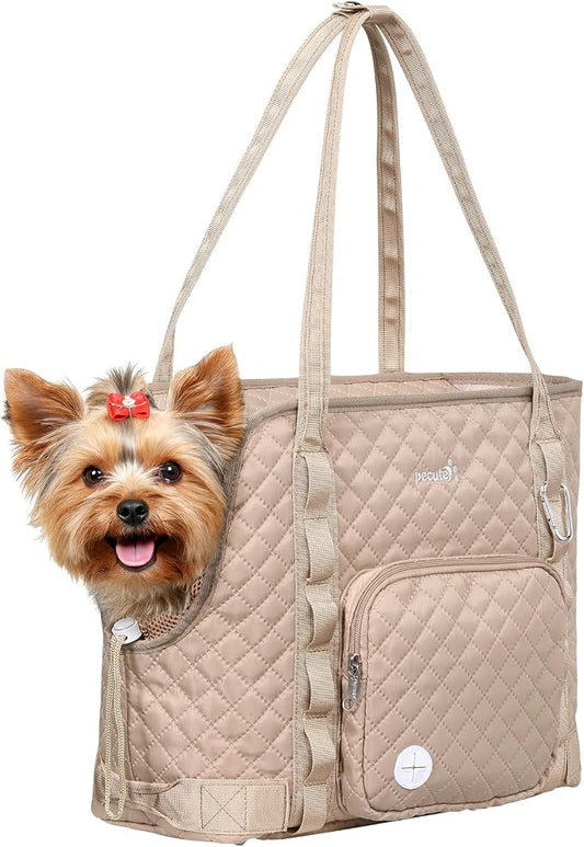 Pecute Dog Purse Carrier, Dog Carrier with Pockets for Small Dogs, Fits Dogs 5 lbs to 9 lbs, Cat and Puppies Tote Bag, Outing, Travel, Vet, Khaki | Breathable,Foldable,Large Pocket,Built-in safety Rope,Machine washable,Under 9 Lbs