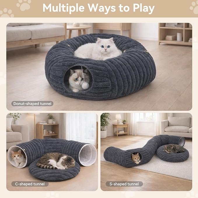 Dogpals Cat Tunnel Bed Cave 33" Lx10 Wx10 H for Indoor Cats | Washable Cozy Cushion, Soft Striped Plush Fabric, Hideaway Peekaboo Cave for Kittens, Puppies, Rabbits & Small Pets