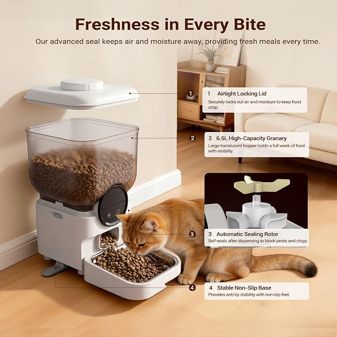 6.5L Automatic Cat Feeder, Smart Pet Food Dispenser for Cats & Dogs, WiFi Enabled, Freshness Preservation, Anti-Clogging Design & Dual Power Supply