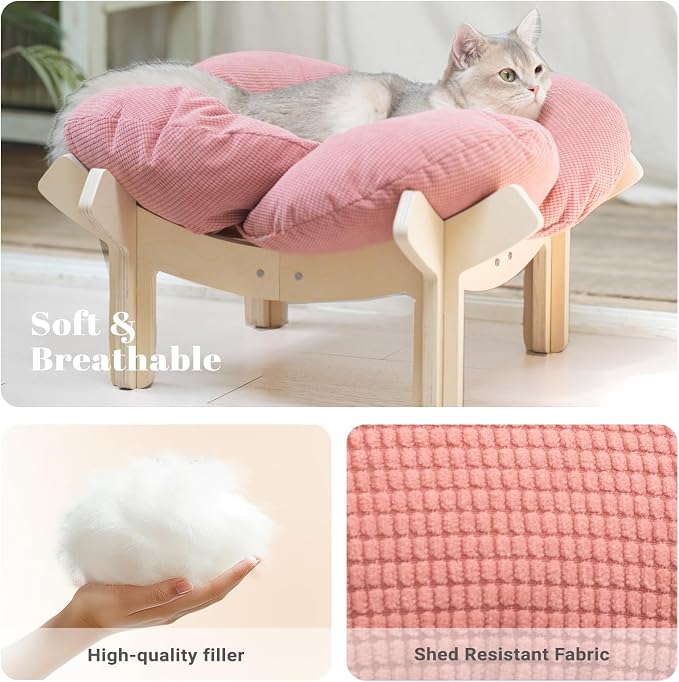 Elevated Cat Bed for Indoor Cats Couch Sofa Flower | Pet Beds with Soft Washable Cushion, Stable Wooden Frame, Raised Cat Hammock & Furniture for Kitty & Puppy All-Season(Pink)