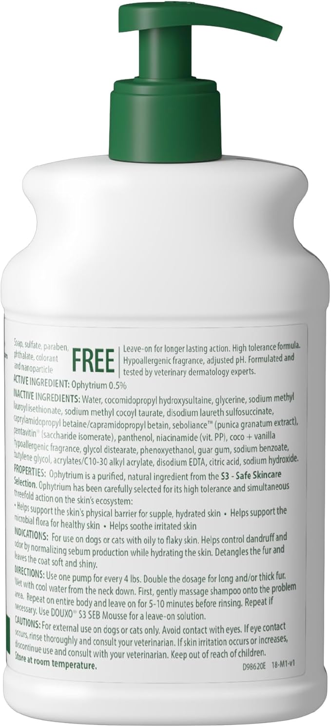 Douxo S3 Seb Shampoo, Contains 0.5% Ophytrium, Odor Control & Seboregulating, For Oily to Flaky Skin, Seborrhea, For Dogs and Cats, 16.9 fl. oz. (500mL)