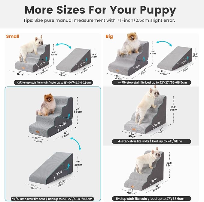 Gardner Pet Dog Stairs for Small Dogs 22" H, 2 in 1 Transformable 4-Step Pet Stairs and Dog Ramp for Couch Bed (23-27 in), Grey Adjustable Pet Steps