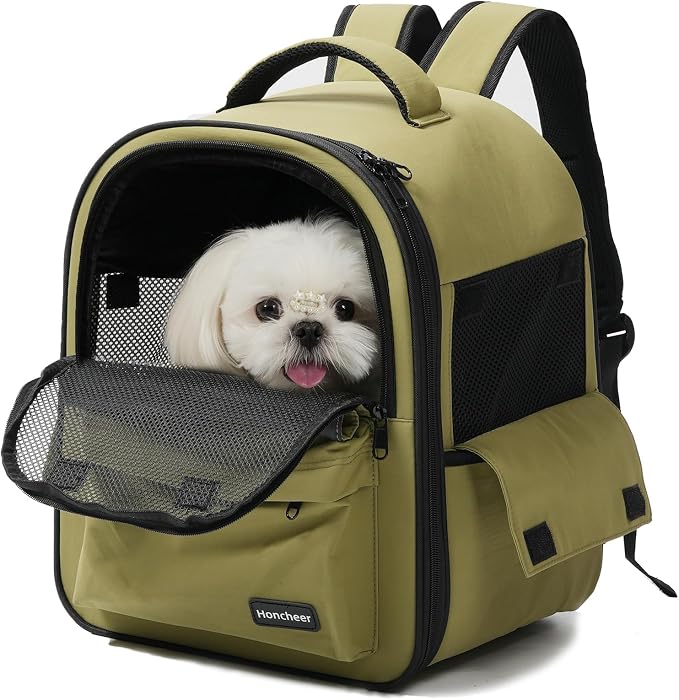 Cat Carrier Dog Backpack Carrier with Anti-Collapse Bottom (Olive Green) | Dog Carrier Mesh Backpack Breathable Pet Travel Bag with Sun Shade, Locking Zippers, Ergonomic Support for Hiking, Vet, Car