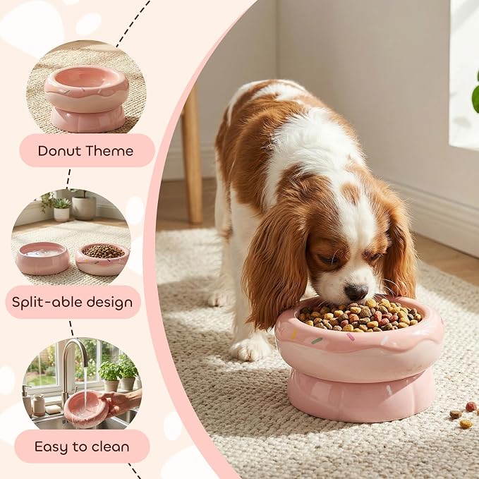 Donut Duo Ceramic Dog Bowl, Dog Water Bowl and Dog Food Bowl, Pet Bowls (Pink)