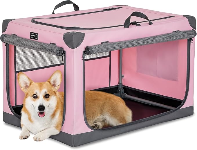 PETSFIT 30" Soft Portable Dog Crate – Patented Spiral Sturdy Frame, Collapsible Travel Kennel for Medium Dogs, 3 Mesh Door, Lockable Zippers, Indoor & Car Use Pink