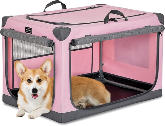 PETSFIT 30" Soft Portable Dog Crate – Patented Spiral Sturdy Frame, Collapsible Travel Kennel for Medium Dogs, 3 Mesh Door, Lockable Zippers, Indoor & Car Use Pink