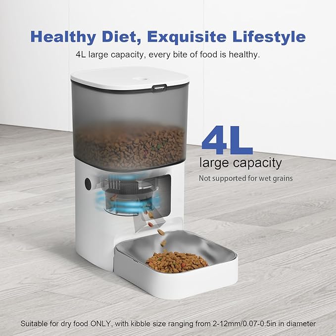 2.4G/5G Automatic Cat Feeder, 4L WiFi Food Dispenser with 10s Voice Recorder, Pet Feeder up to 10 Meals per Day, Timed Cat Feeder with Dry Food Sealed Ring (Matte White, 4.0 L)
