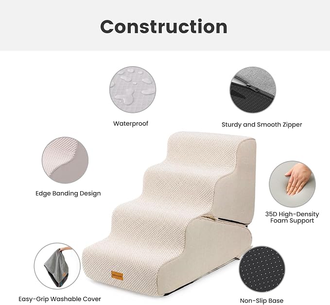 Gardner Pet Dog Stairs for Small Dogs 22" H, 2 in 1 Transformable 4-Step Pet Stairs and Dog Ramp for Couch Bed (23-27 in), Adjustable Pet Steps Beige