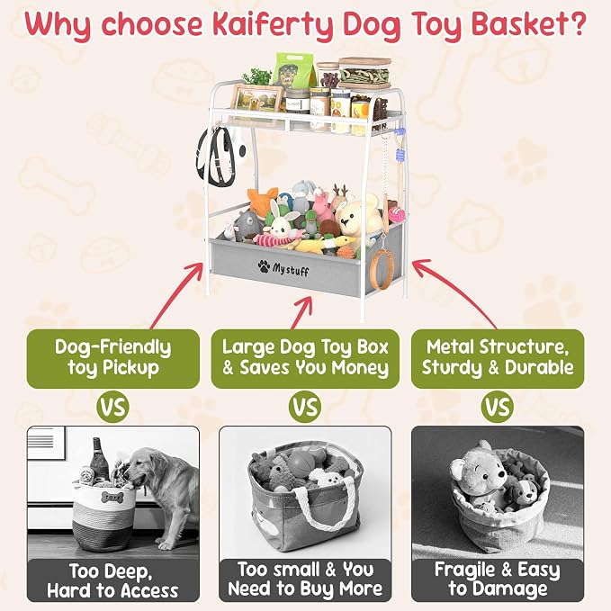 Kaiferty Large Dog Toy basket, Toy Box for Dogs, Pet Toys Bin Dog Metal Wire Basket for Toys, Food Storage, Storage Organizer Chest Storage, Toy Box for Living Room Area (White)