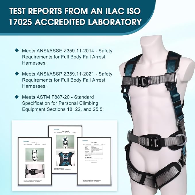 Fall Protection Premium Safety Harness with Shock Absorbing Lanyard, Vented & Padded Shoulder, Legs & Back - Upgrade 4 Quick Buckles (Dark Green)