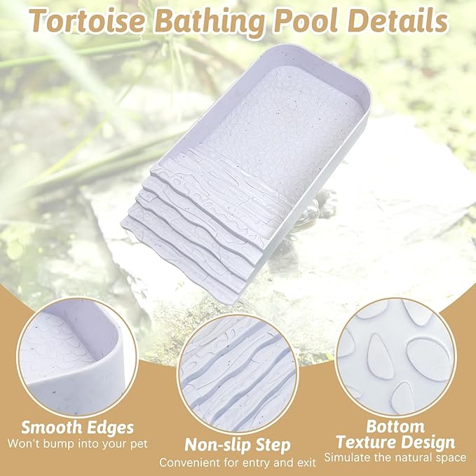 PINVNBY Reptile Bathing Pool Plastic Tortoise Food Dish with Ramp Leaf Reptile Food Dish & Water Bowl Tortoise Habitat Accessories for Frog Lizard Box Turtle (White)