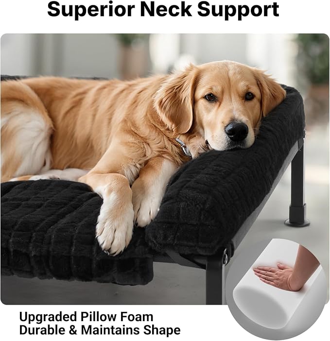 Veehoo Elevated Dog Bed with Fluffy Plush Bolster Cushion, Dog Couch Bed | Cooling Raised Dog Bed for Large Dogs, Washable Orthopedic Pet Cot with Removable Mat, Breathable Mesh, Non-Slip, 45", Black