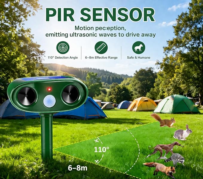 2026 Solar Animal Repellent Outdoor 4 Pack Ultrasonic Squirrel Deer Repellent with Motion Sensor, Waterproof Cat Deterrent Device for Yard Garden Farm, Keep Bird Cat Squirrel Deer Rabbit Away