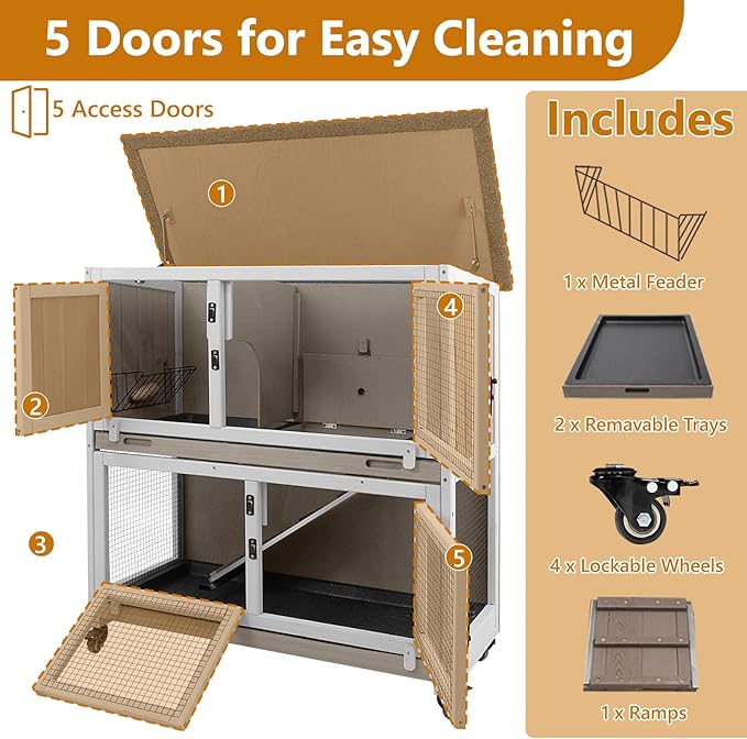 2 Story Rabbit Hutch Indoor & Outdoor, Wooden Rabbit Cage with 2 Leak-Proof Pull-Out Trays, 4 Wheels, Ramp, Chew-Anti Metal Strip for Rabbit, Guinea Pig, Hamster (36" L x 17.8" W x 36.7" H)