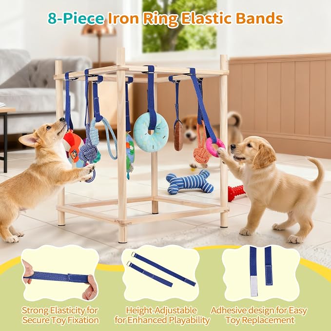 Wooden Puppy Play Gym for Small Dogs with 8 Hanging Toys | Wood Puppy Jungle Gym Indoor & Dog Enrichment Toys for Puppies 0-6 Months