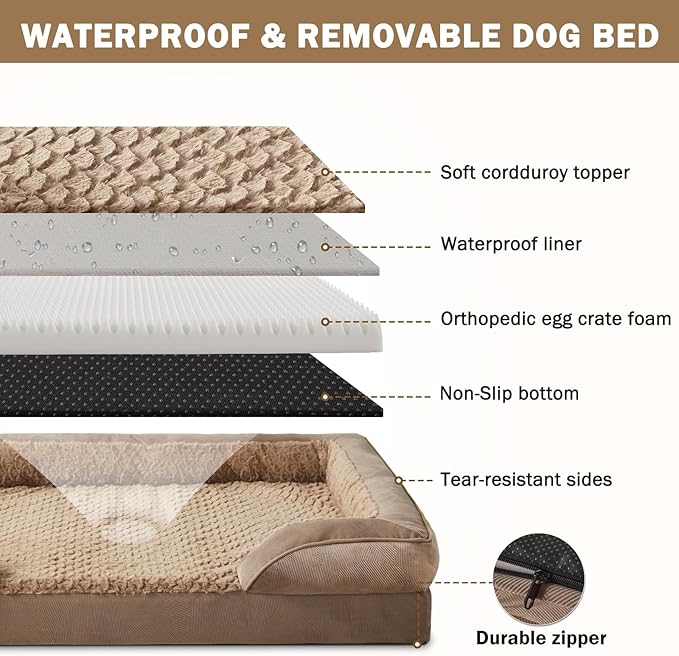 Orthopedic Medium Dog Beds for Medium Dogs, Waterproof, Egg-Crate Foam Dog Couch Bed with Washable Removable Cover, Waterproof Lining and Nonskid Bottom