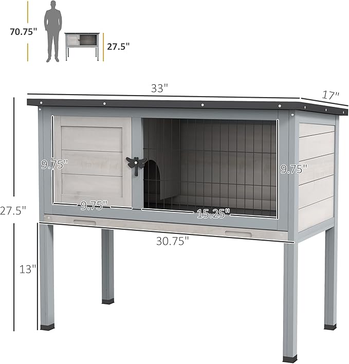 PawHut Elevated Wooden Rabbit Hutch, Indoor/Outdoor Bunny Cage with Hinged Asphalt Roof and Removable Tray for Guinea Pig, Light Gray