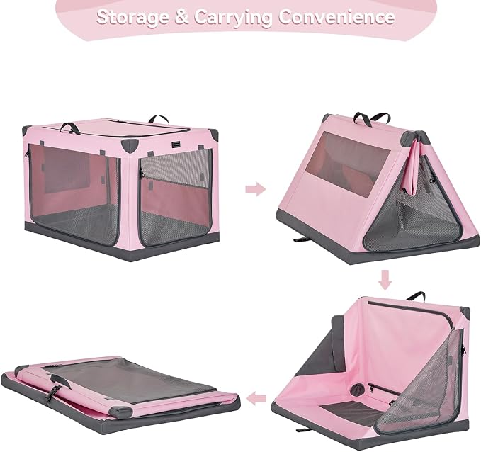 PETSFIT 36" Soft Portable Dog Crate – Patented Spiral Sturdy Frame, Collapsible Travel Kennel for Medium & Large Dogs, 3 Mesh Door, Lockable Zippers, Indoor & Car Use Pink