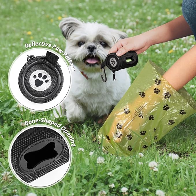 FURHAB Dog Poop Bag Holder for Leash Doggie Waste Bag Dispenser Soft Fabric Puppy Potty Carrier Small Doggy Zipper Pouch with Carabiner Clip with 1 Roll of Pet Trash Bags, Black