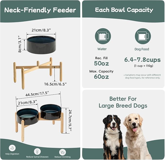 Havniva Elevated Dog Bowls Ceramic Dog Bowls with Stand, Dog Food Bowl | 8.3” Raised Dog Bowls with Non-Slip Wood Stand, Dog Food and Water Bowl Set, Double Dog Feeding Bowls for Large Dogs