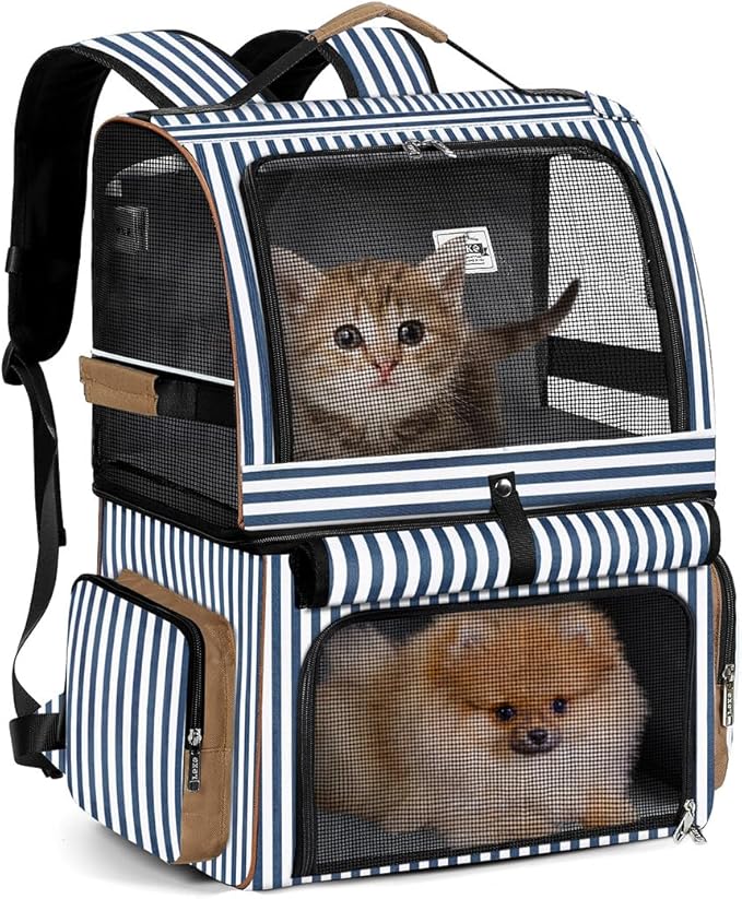 Double Cat Backpack Carrier for 2 Cats, Double-Compartment Pet Carrier Backpack for 2 Small Cat or One Medium Cat, Cats Carrier Backpack Dog Carrier Backpack Fits Up to 24 Lbs,Blue Striped