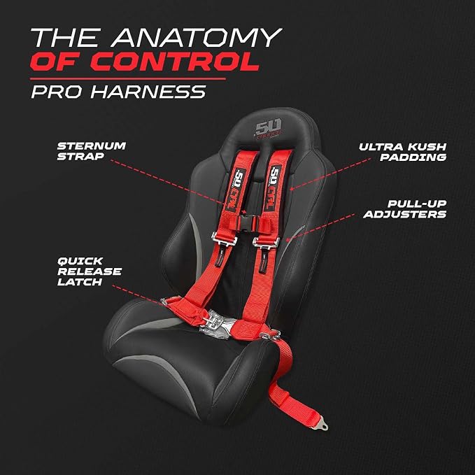 1pc 50 Cal Red 4 Point Harness 2" straps, Racing Harness Seat Belt | Ultra Kush padding, Push Button quick release hardware. Universal Fit for UTV, RZR, race car