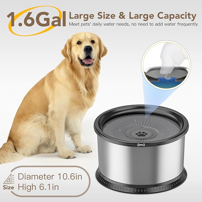 6.5L Stainless Steel Dog Water Bowl, No Spill Water Bowl for Dogs | Large Capacity, Slow Drinking Feeder, Splash Proof, With Anti-Slip Mat, Dishwasher Safe, Sturdy, Suitable for Mess Drinkers